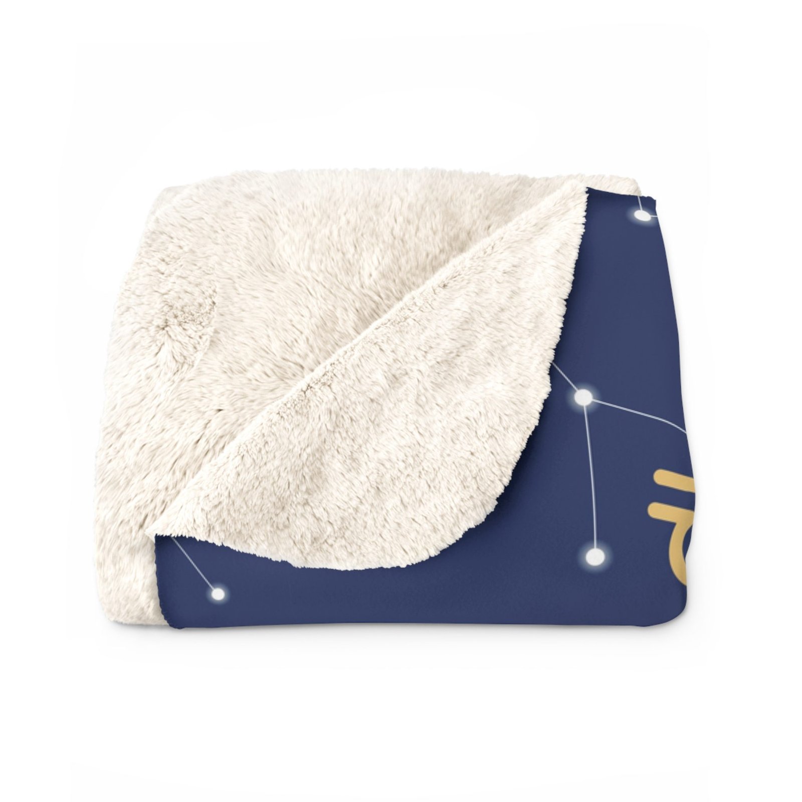 Navy blue fleece blanket featuring zodiac symbols and constellation patterns in gold and white with a celestial astrology-inspired design.