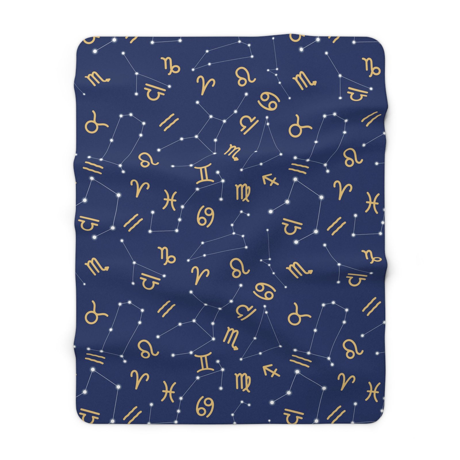 Navy blue fleece blanket featuring zodiac symbols and constellation patterns in gold and white with a celestial astrology-inspired design.