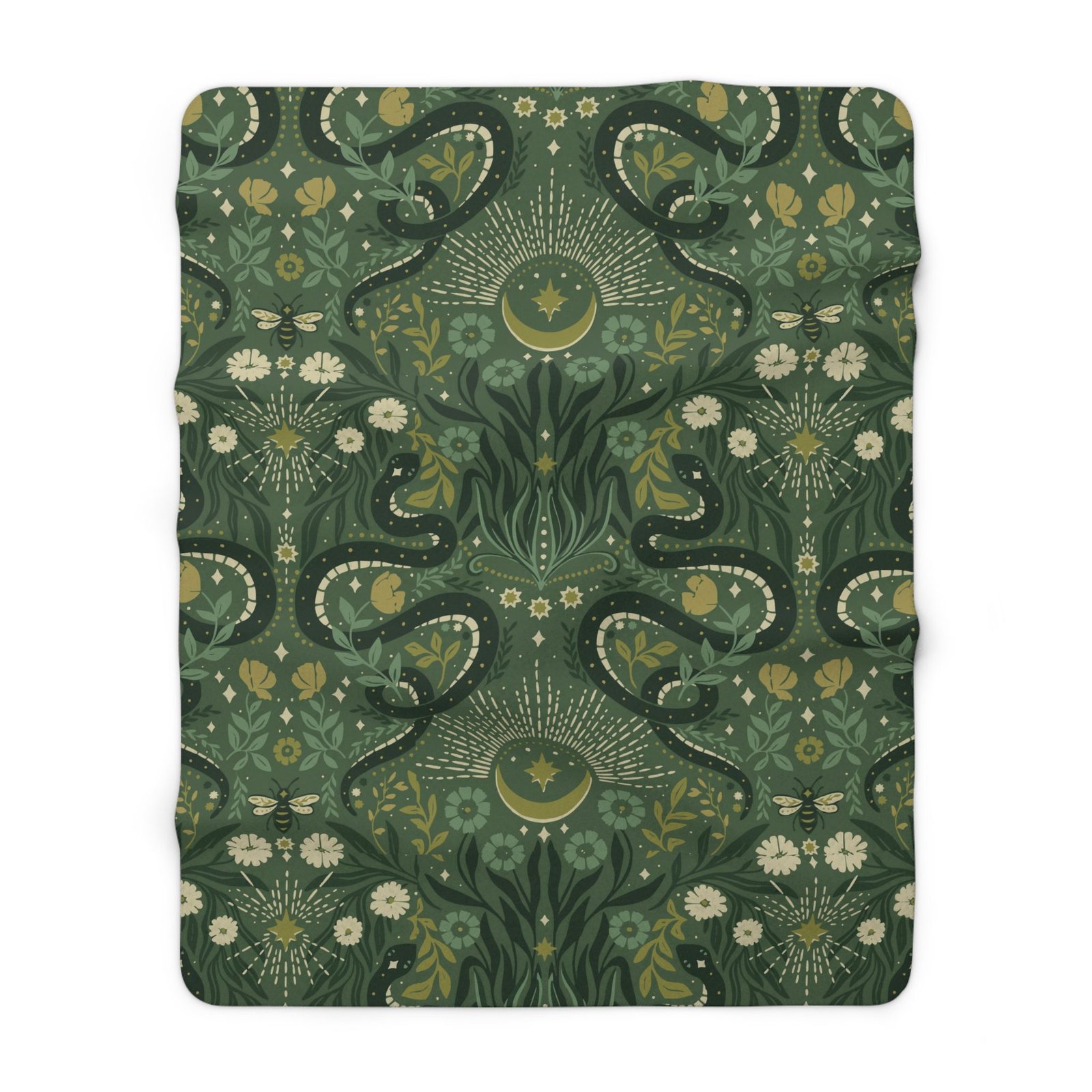 Dark green witchcore fleece blanket featuring an elegant repeating pattern of serpents, crescent moons, bees, wildflowers, and botanical motifs in a vintage folk art style.