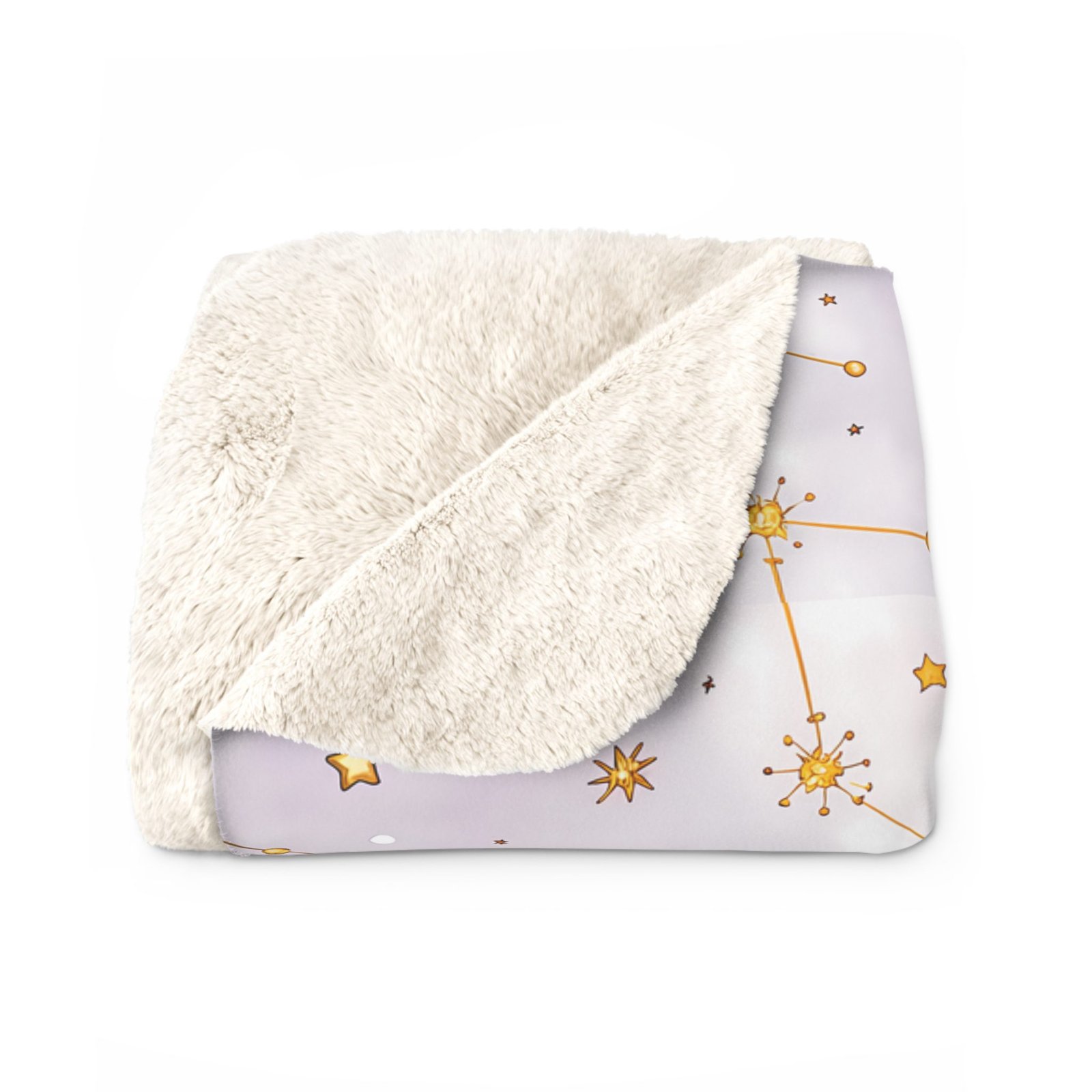 Soft lavender fleece blanket featuring delicate golden constellations and twinkling stars on a dreamy celestial background.