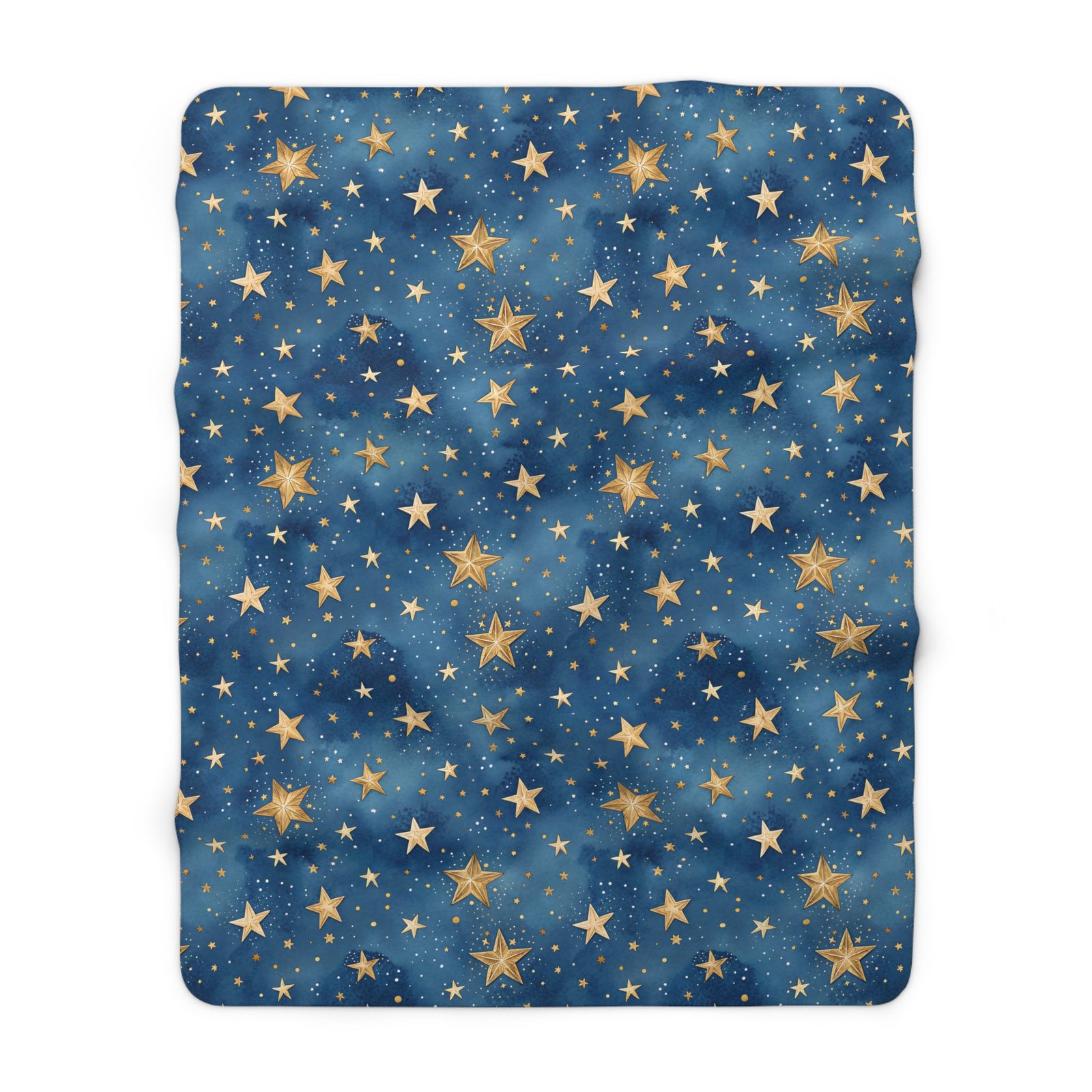 Navy blue celestial throw pillow featuring shimmering gold stars scattered across a watercolor night sky in a timeless celestial pattern.
