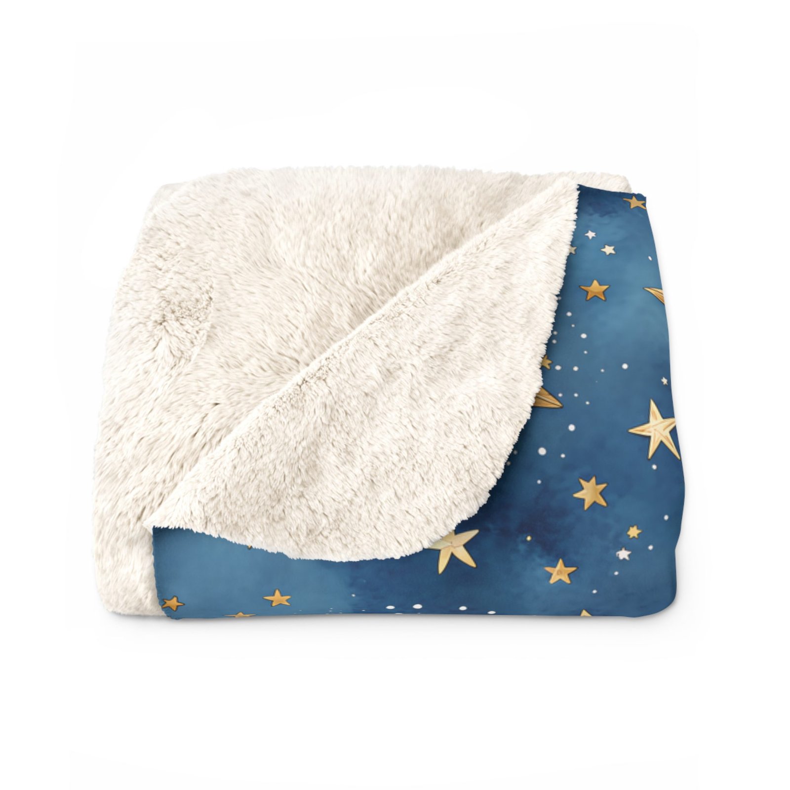 Navy blue celestial throw pillow featuring shimmering gold stars scattered across a watercolor night sky in a timeless celestial pattern.
