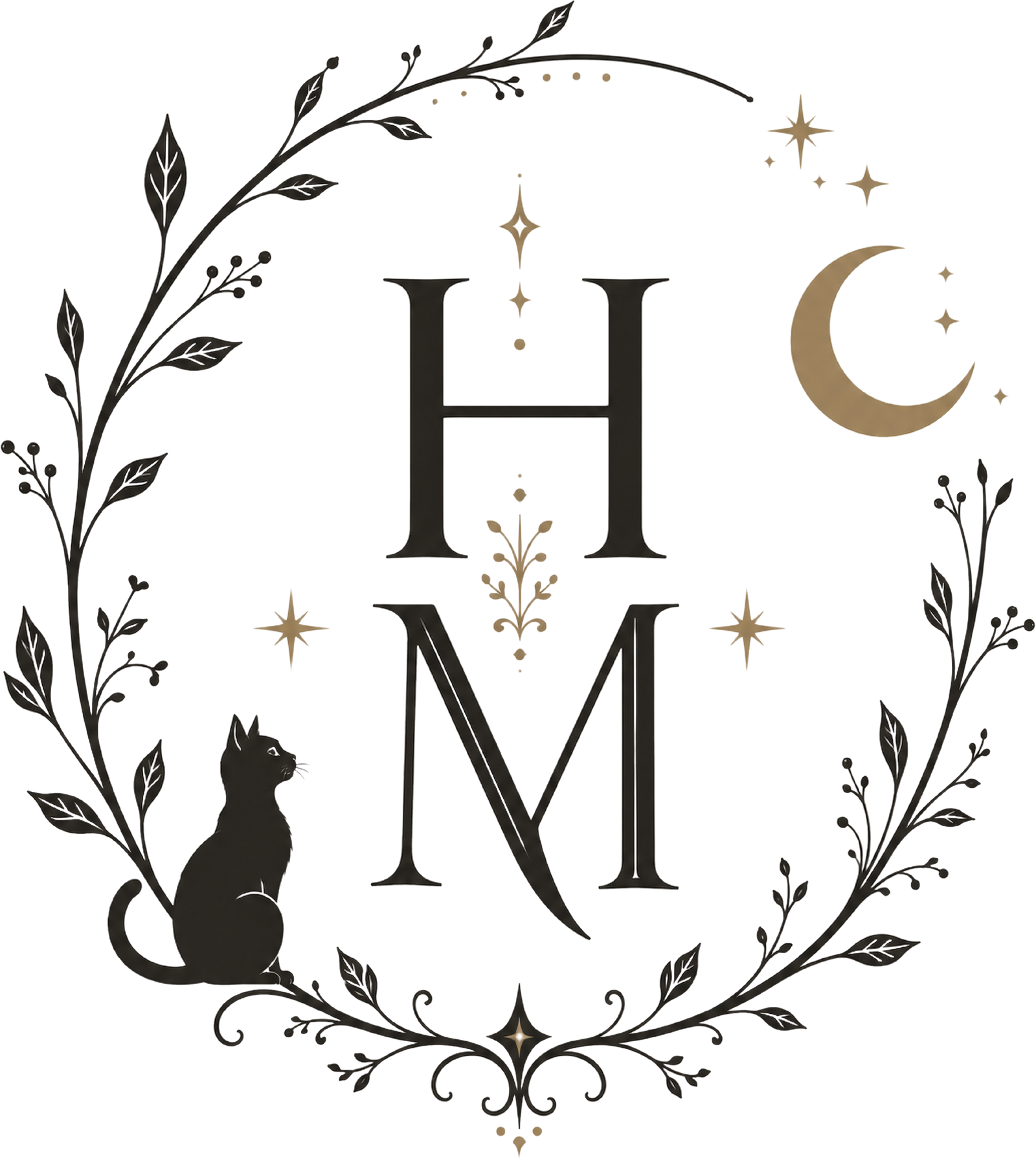 Haus of Moggie monogram logo featuring a vintage black serif H and M surrounded by a botanical wreath with celestial stars, crescent moon, and black cat on a soft cream background.