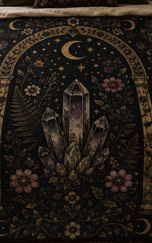 Moonlit Grove Collection featuring Victorian botanical witchcore fleece throw blankets with enchanted mushrooms, raven, moth, crystals, serpent, and magical cauldron illustrations.