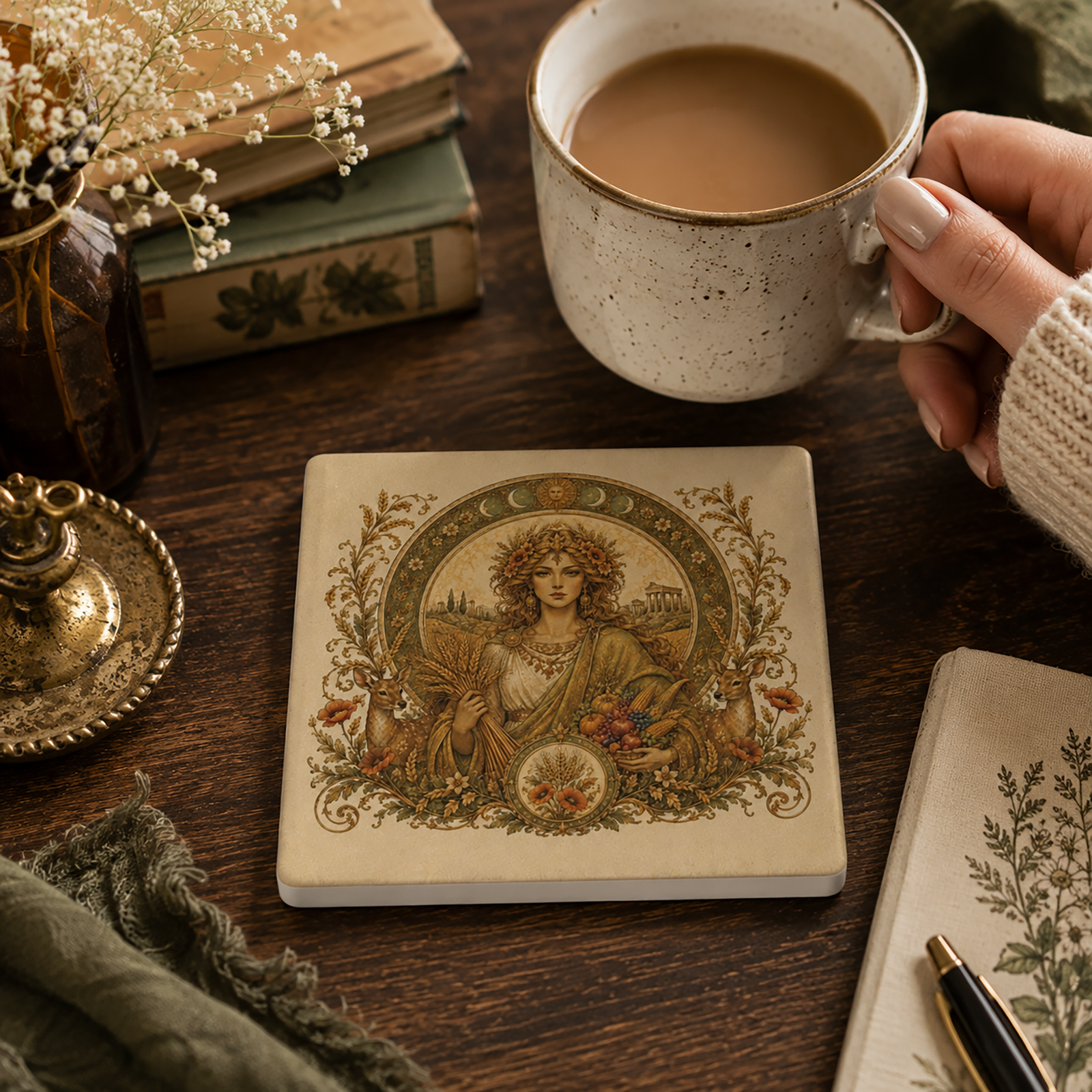 Hestia of the Sacred Hearth Ceramic Coaster - Image 2