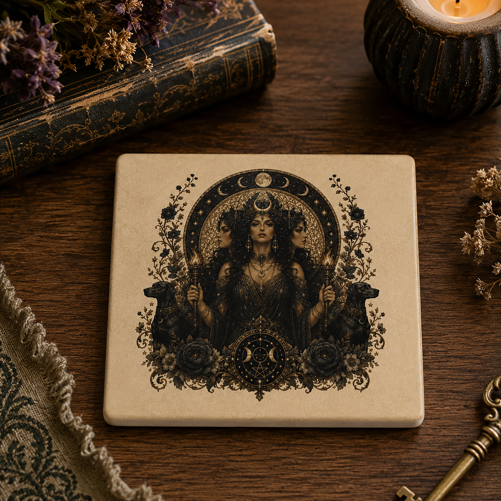 Hecate of the Moonlit Crossroads Ceramic Coaster - Image 2