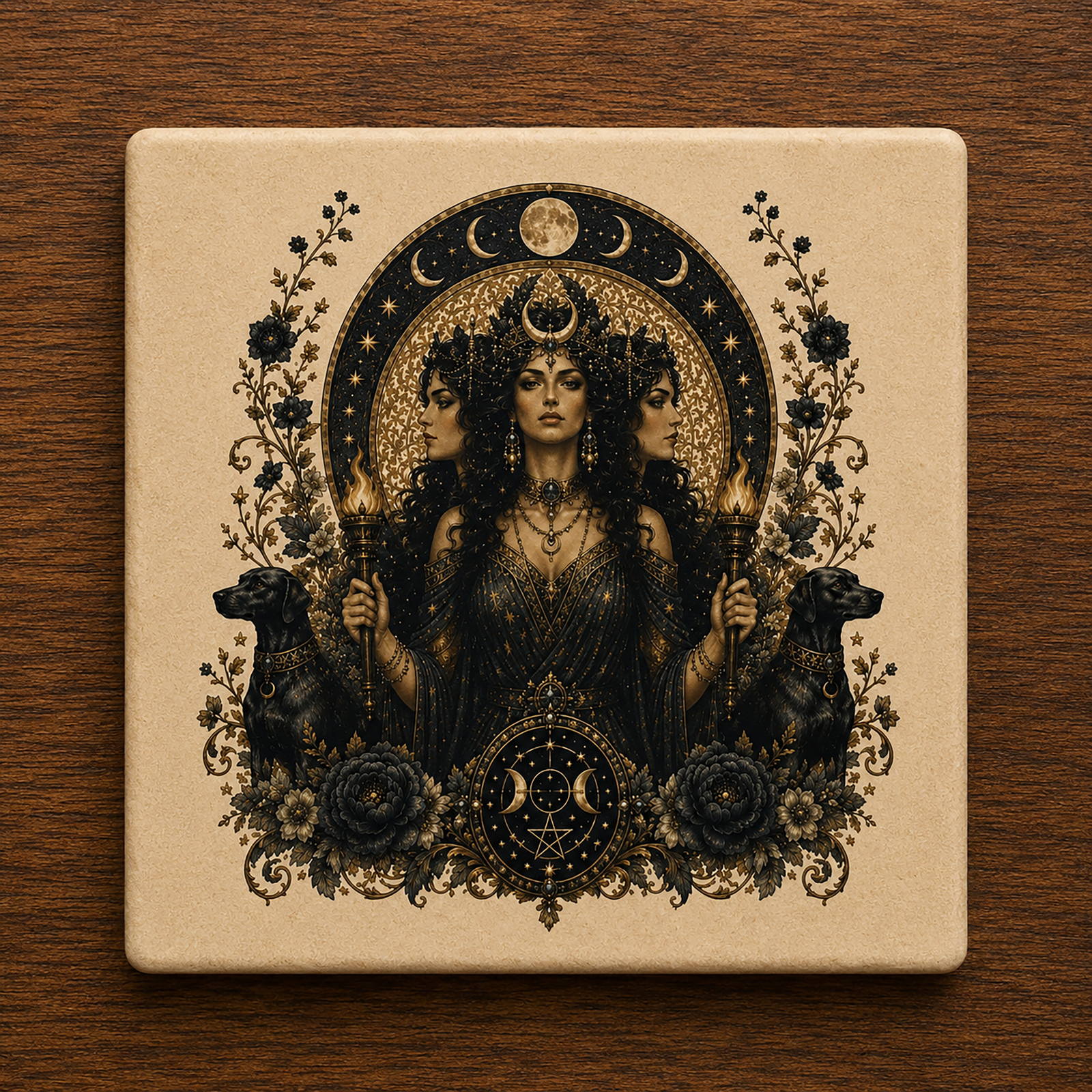 Hecate of the Moonlit Crossroads Ceramic Coaster