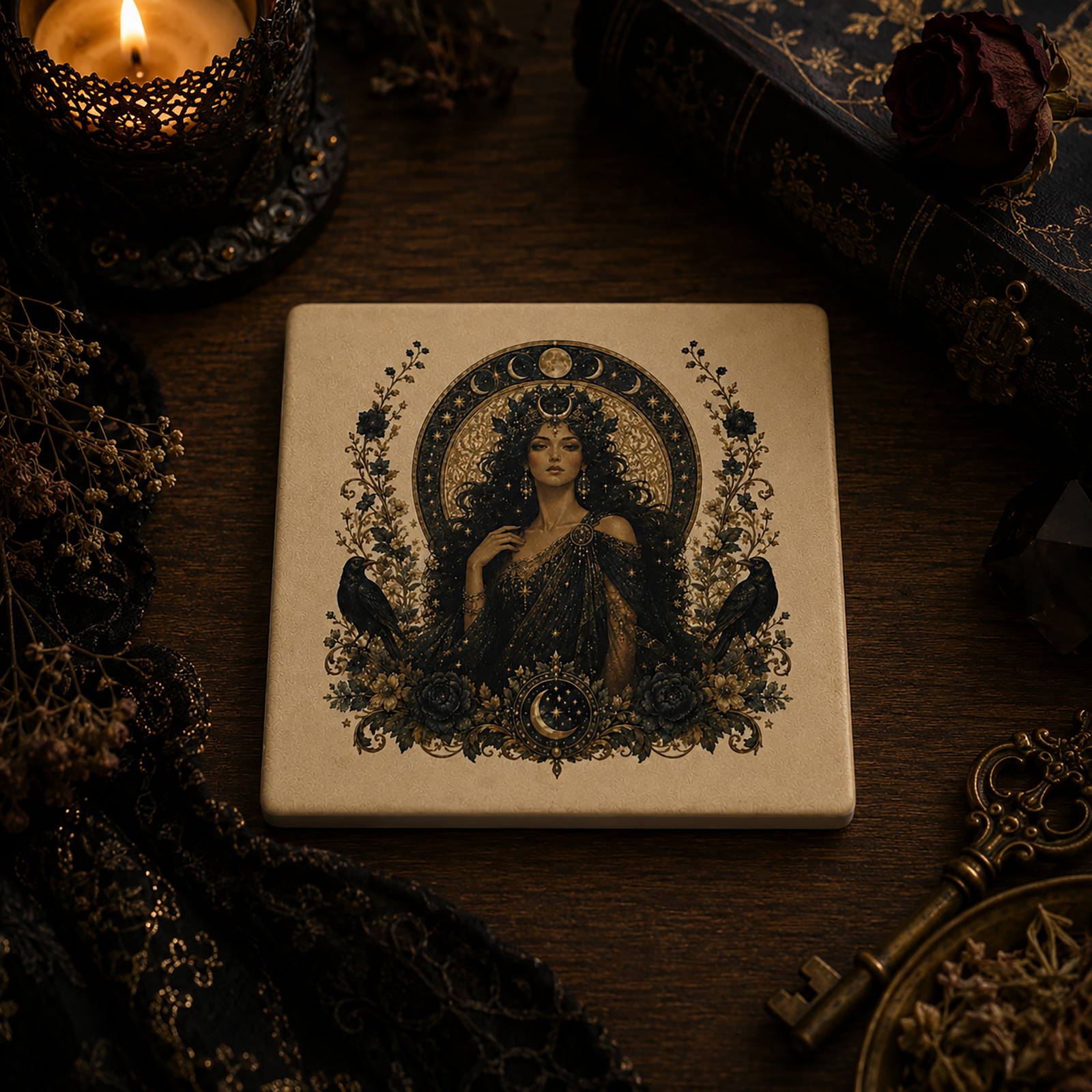 Nyx Weaver of the Celestial Night Ceramic Coaster - Image 2