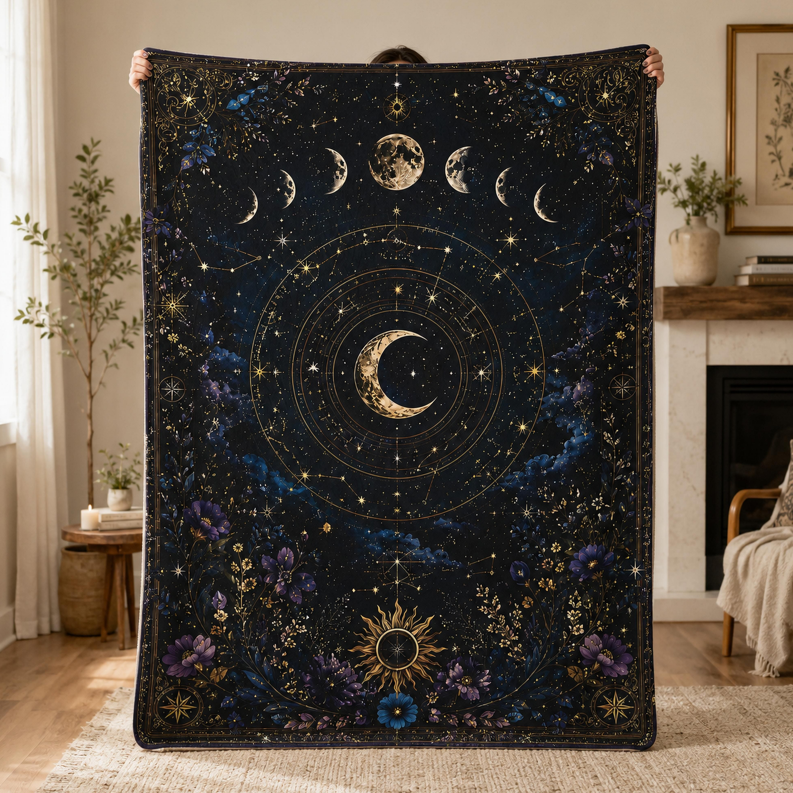 Midnight Moon Garden Fleece Sherpa Blanket