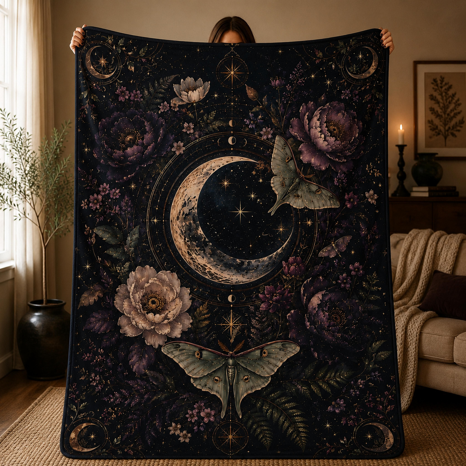 Moonbound Moth Fleece Sherpa Blanket