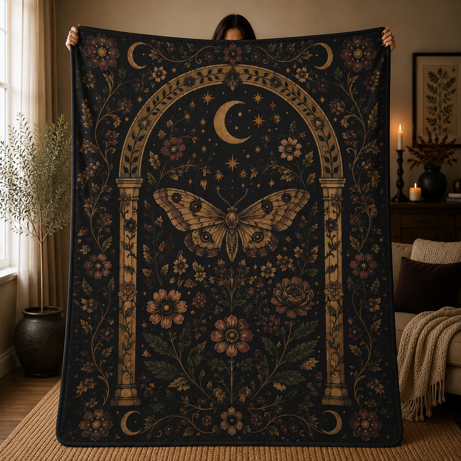 Midnight Moth in the Grove Fleece Sherpa Blanket - Image 2