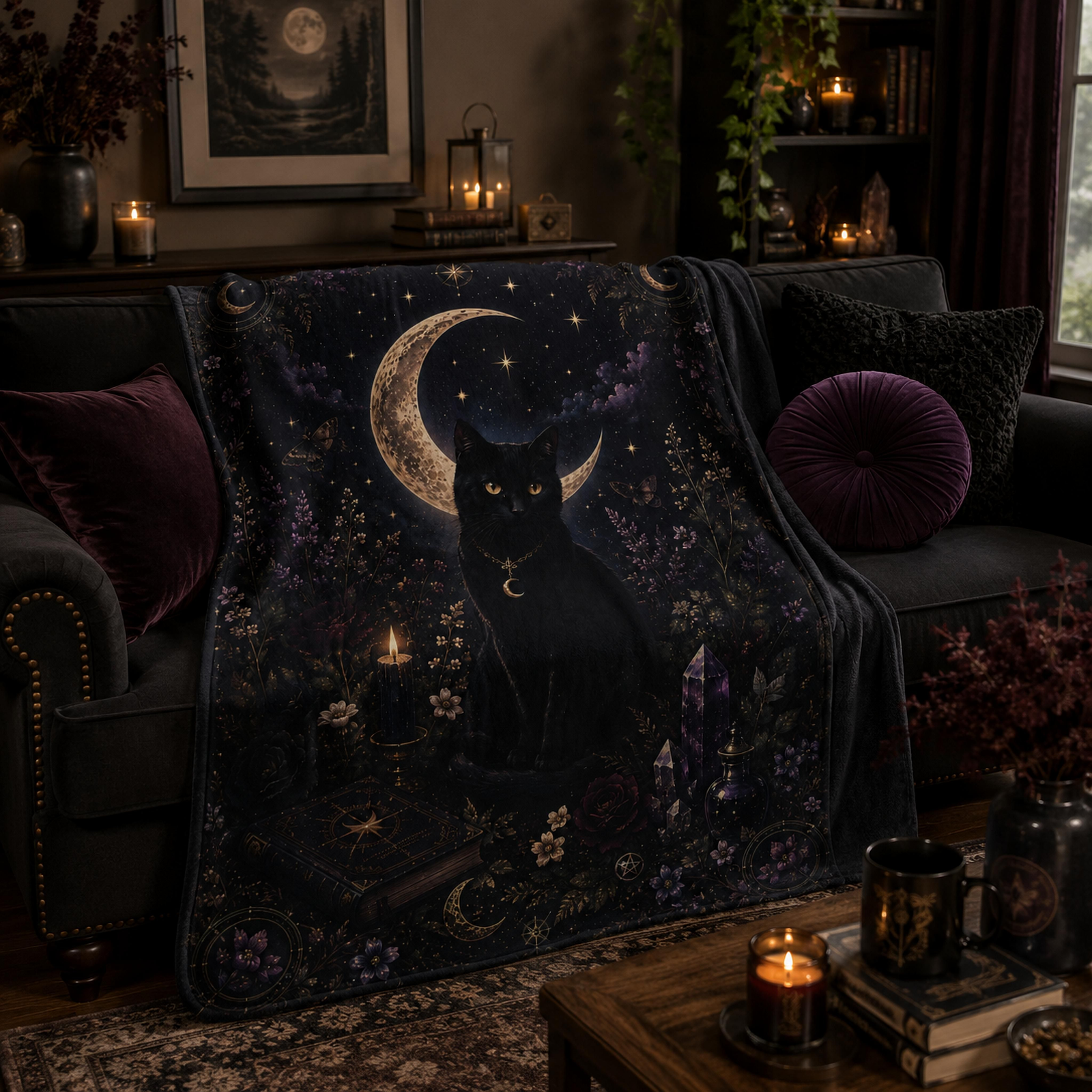 Midnight Cat Companion Fleece Sherpa Blanket - Image 2