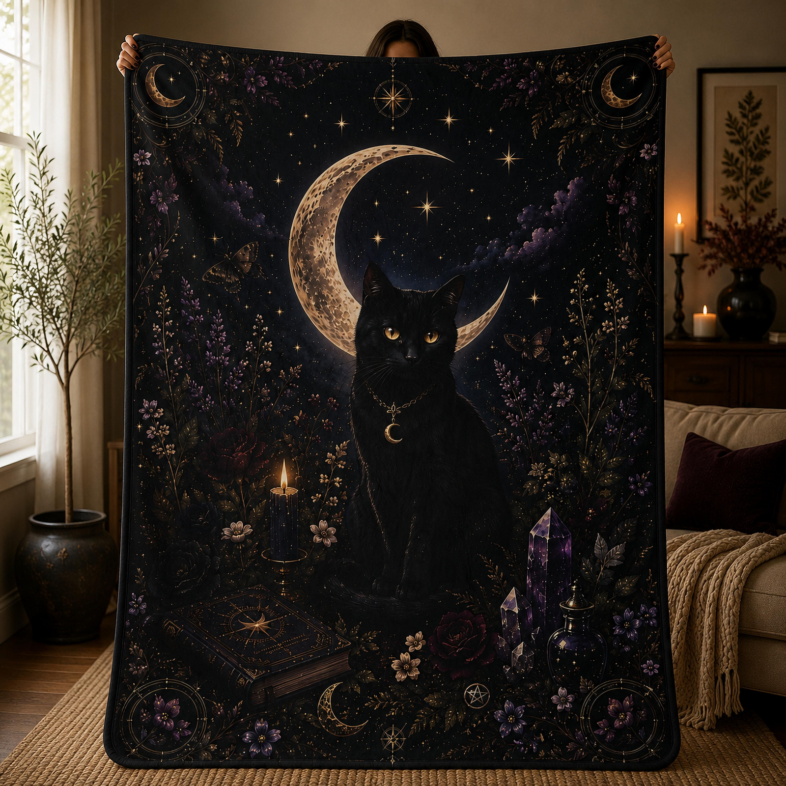 Midnight Cat Companion Fleece Sherpa Blanket