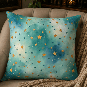 Soft aqua watercolor celestial throw pillow featuring golden stars and delicate constellation patterns on a dreamy sky-inspired background.