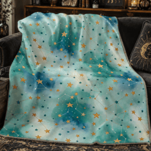 Watercolor celestial throw pillow featuring soft aqua and teal skies with golden stars and delicate constellation patterns.