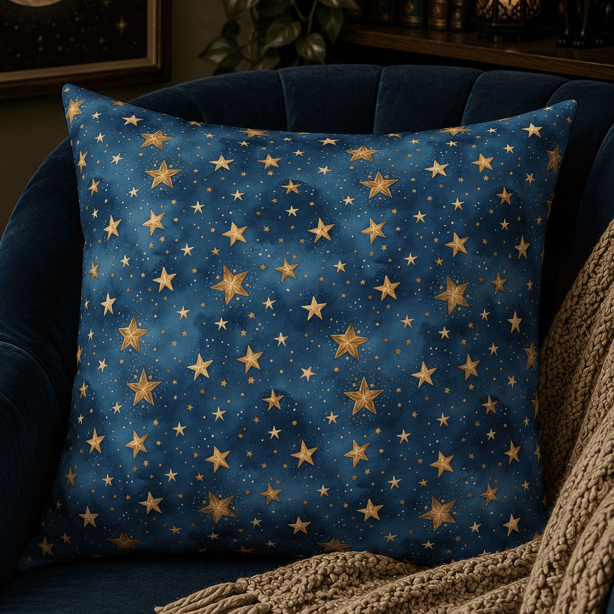Navy blue celestial throw pillow featuring a watercolor night sky with scattered gold stars in a timeless witchcore-inspired design.