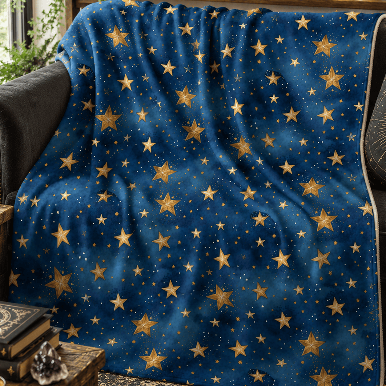 Navy blue celestial throw pillow featuring shimmering gold stars scattered across a watercolor night sky in a timeless celestial pattern.