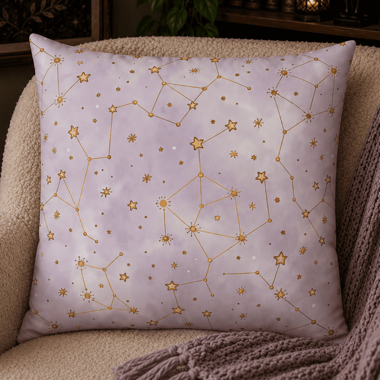 Soft lavender celestial throw pillow featuring elegant golden constellation patterns and twinkling stars on a dreamy watercolor sky.