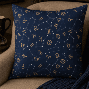 Navy blue astrology throw pillow featuring golden zodiac symbols and delicate white constellation patterns on a midnight celestial background.