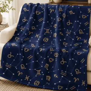 Navy blue fleece blanket featuring zodiac symbols and constellation patterns in gold and white with a celestial astrology-inspired design.