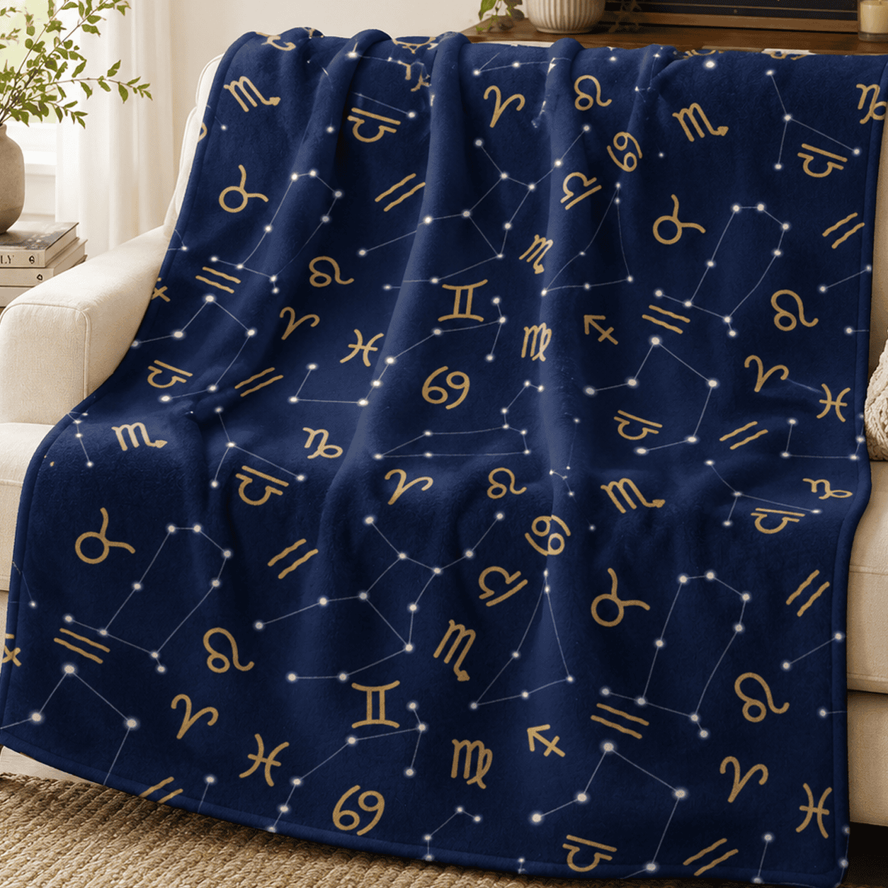Navy blue fleece blanket featuring zodiac symbols and constellation patterns in gold and white with a celestial astrology-inspired design.