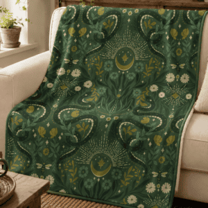 Dark green witchcore fleece blanket featuring an elegant repeating pattern of serpents, crescent moons, bees, wildflowers, and botanical motifs in a vintage folk art style.