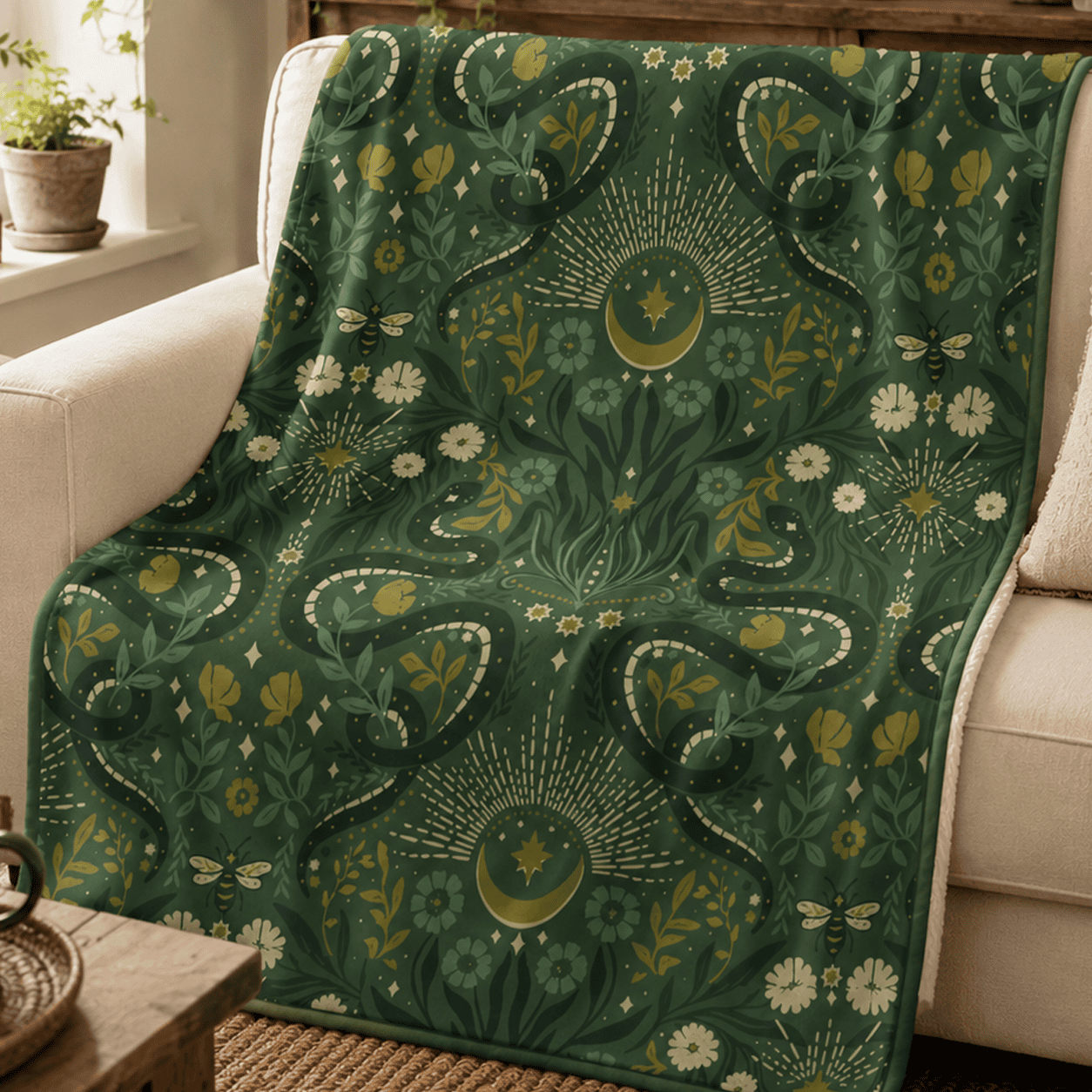 Dark green witchcore fleece blanket featuring an elegant repeating pattern of serpents, crescent moons, bees, wildflowers, and botanical motifs in a vintage folk art style.