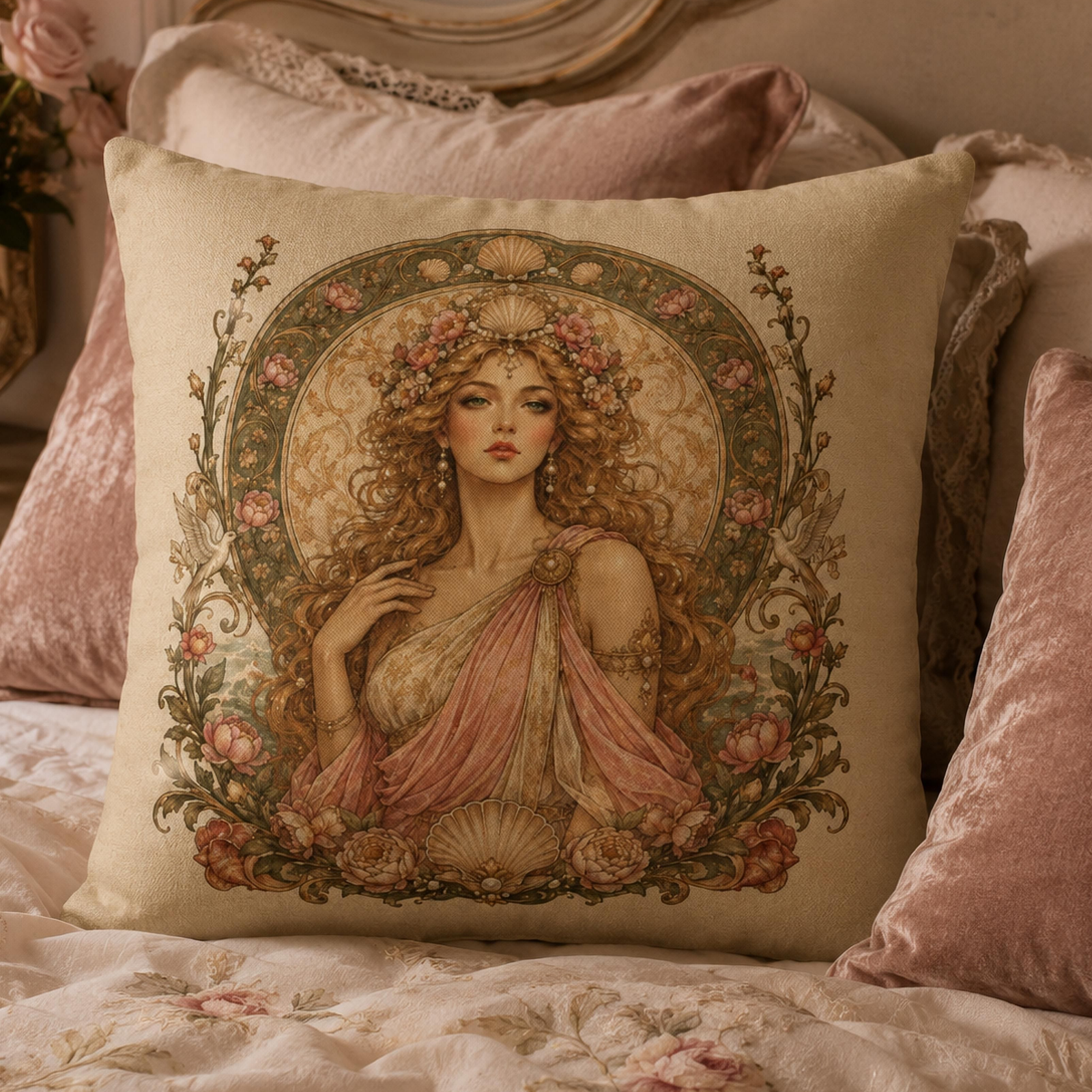 Art Nouveau throw pillow featuring Aphrodite surrounded by roses, seashells, and ornate floral details in soft blush, ivory, and antique gold.