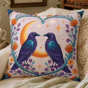 Decorative throw pillow featuring two iridescent ravens beneath a golden crescent moon surrounded by lavender, marigolds, and celestial stars.