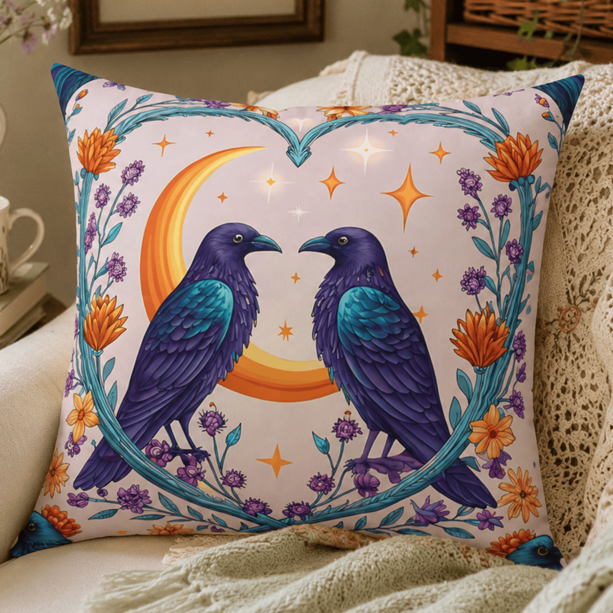 Decorative throw pillow featuring two iridescent ravens beneath a golden crescent moon surrounded by lavender, marigolds, and celestial stars.