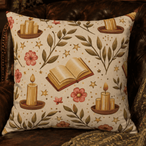 Cream witchcore throw pillow featuring spellbooks, glowing candles, botanical sprigs, flowers, and golden stars in a cozy repeating pattern.