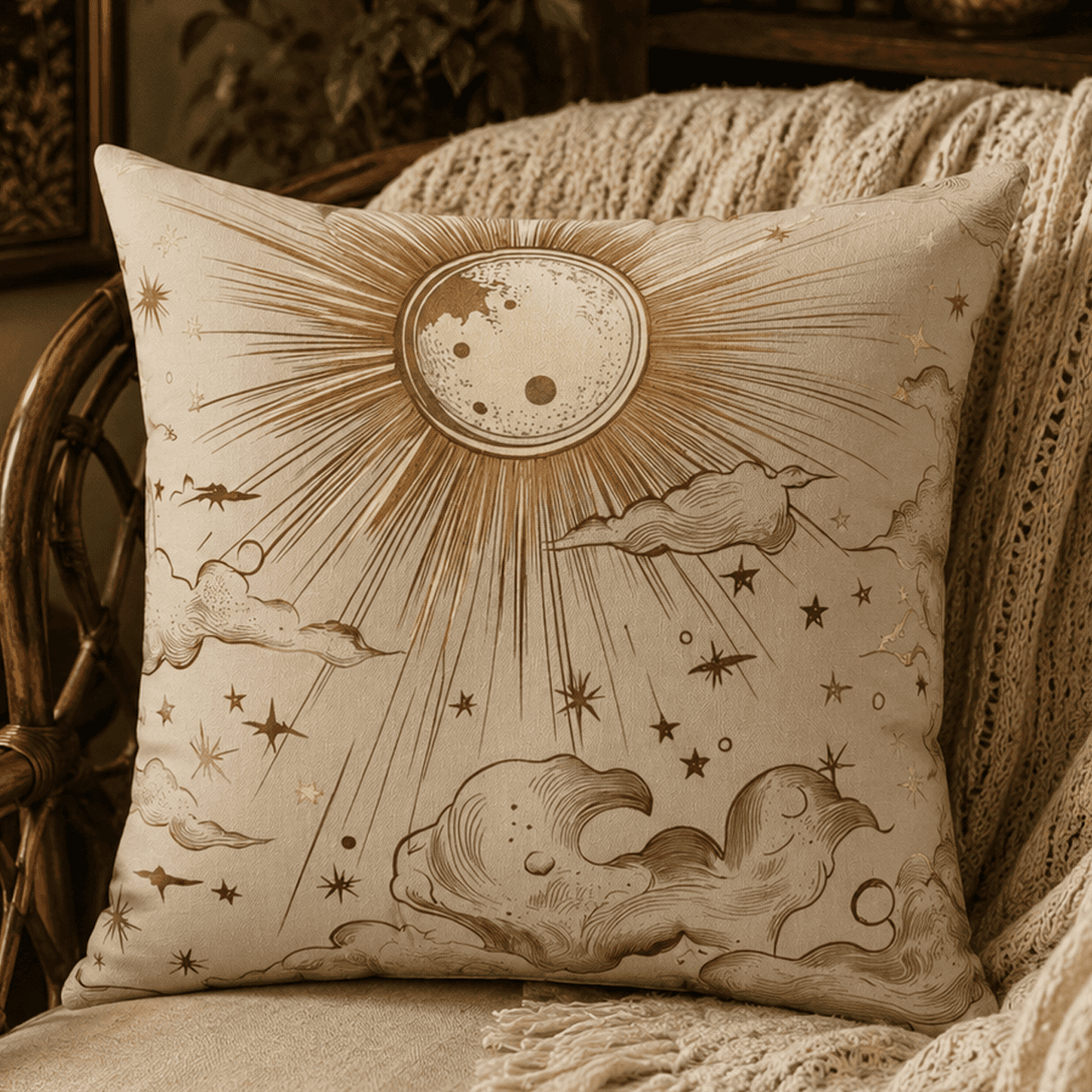 Elegant ivory throw pillow featuring a radiant celestial sun, vintage clouds, stars, and antique astronomical line art in warm golden tones.