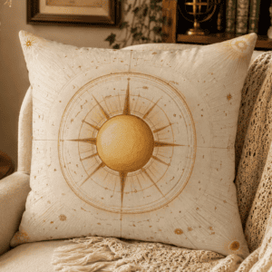 Cream celestial throw pillow featuring a golden sun compass, vintage astronomical chart, and constellation-inspired line art in a minimalist design.