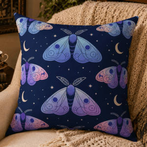 Navy blue throw pillow featuring repeating pastel luna moths in lavender and blue with crescent moons and stars on a celestial night sky