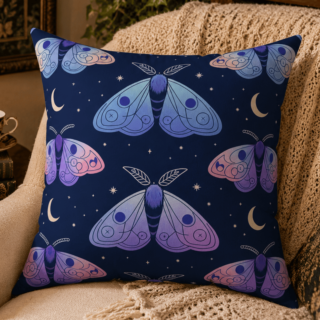 Navy blue throw pillow featuring repeating pastel luna moths in lavender and blue with crescent moons and stars on a celestial night sky