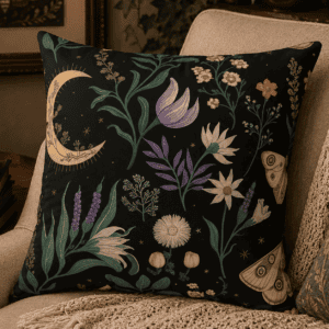 Botanical throw pillow featuring illustrated wildflowers, lavender, moon lilies, crescent moon, and luna moths on a black celestial background.