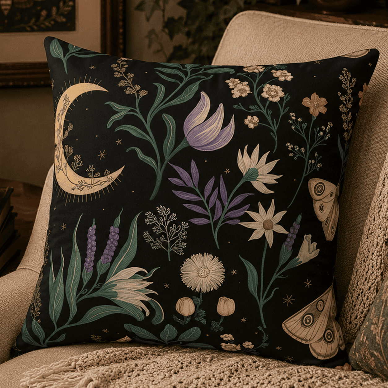 Botanical throw pillow featuring illustrated wildflowers, lavender, moon lilies, crescent moon, and luna moths on a black celestial background.