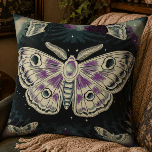 Mystical purple and ivory moth throw pillow featuring a celestial moth with moon phase markings on a deep forest night background.