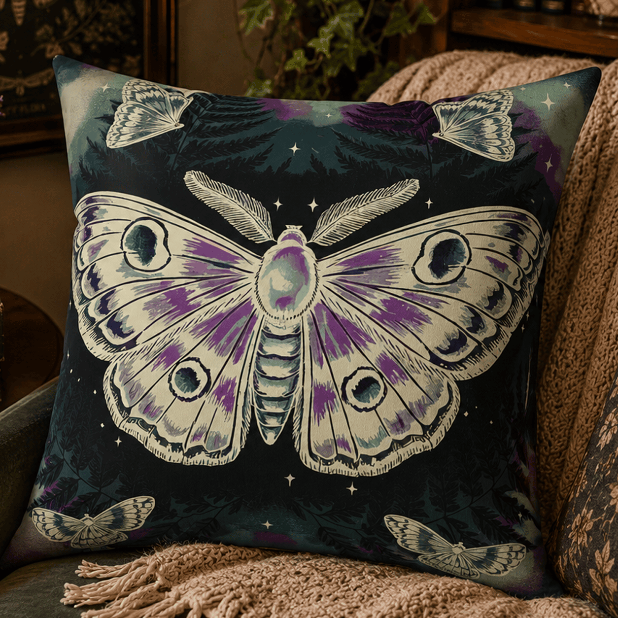 Mystical purple and ivory moth throw pillow featuring a celestial moth with moon phase markings on a deep forest night background.