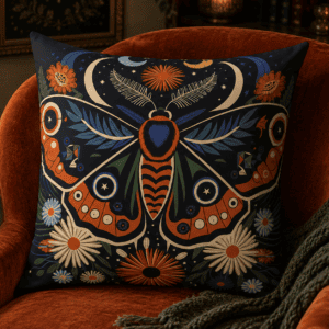Folk art moth throw pillow featuring a colorful luna-inspired moth with celestial moons, wildflowers, and botanical details on a midnight background.