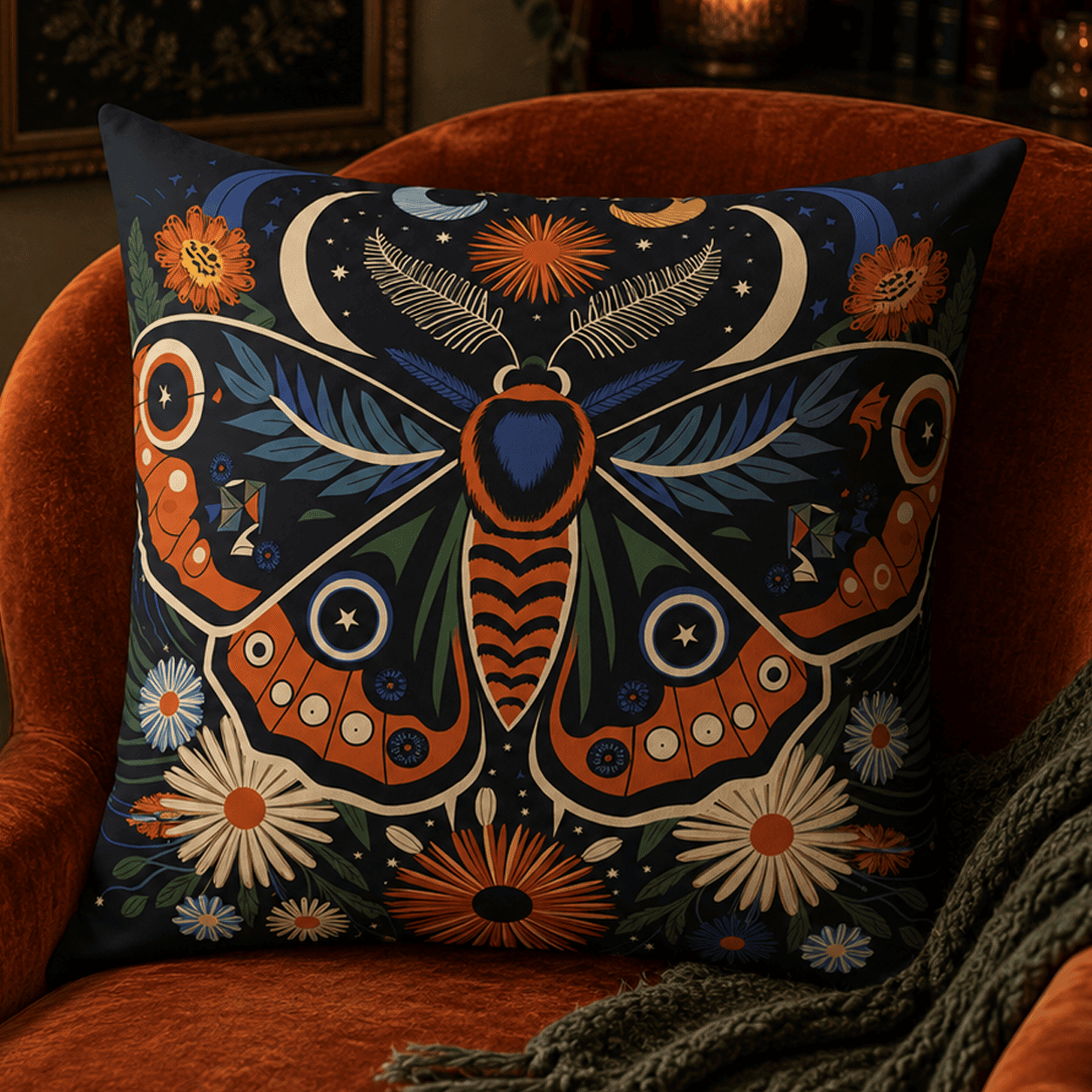 Folk art moth throw pillow featuring a colorful luna-inspired moth with celestial moons, wildflowers, and botanical details on a midnight background.