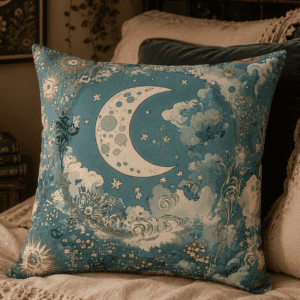 Celestial blue throw pillow featuring a crescent moon surrounded by dreamy clouds, stars, and whimsical botanical details in a vintage storybook style.