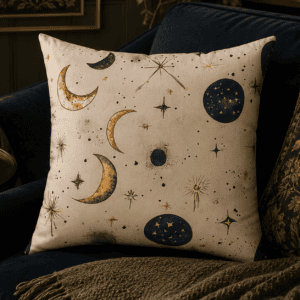 Minimalist celestial throw pillow featuring crescent moons, stars, constellations, and celestial motifs in gold and navy on a warm ivory background.