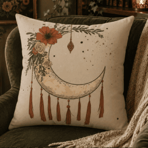 Boho celestial throw pillow featuring a crescent moon adorned with autumn florals, botanical greenery, and decorative tassels on a warm cream background