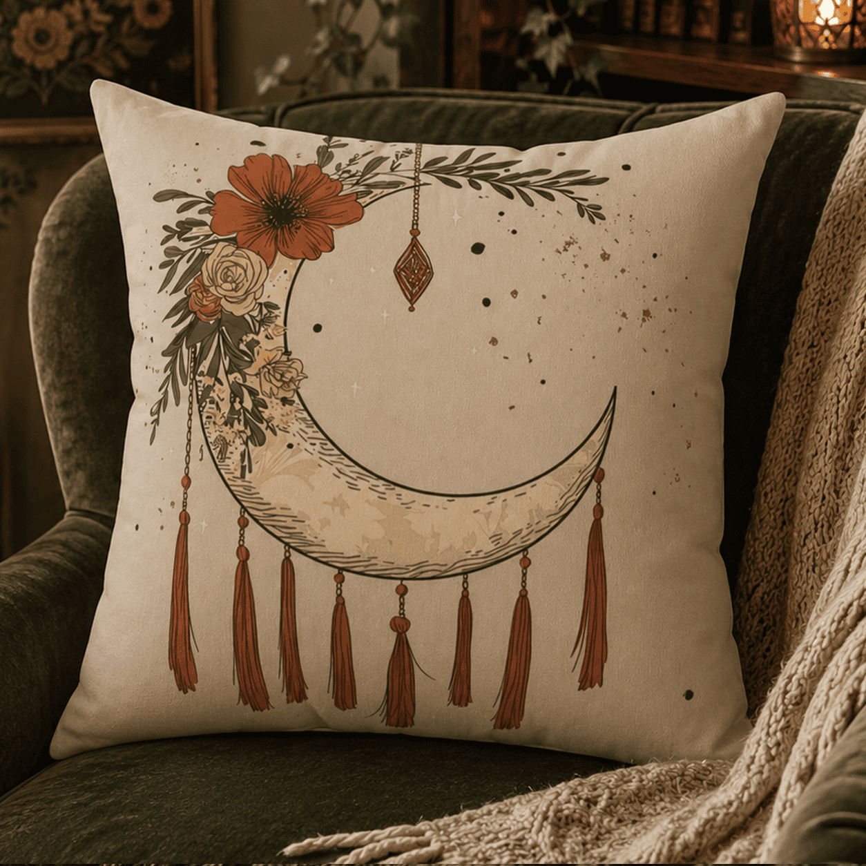 Boho celestial throw pillow featuring a crescent moon adorned with autumn florals, botanical greenery, and decorative tassels on a warm cream background