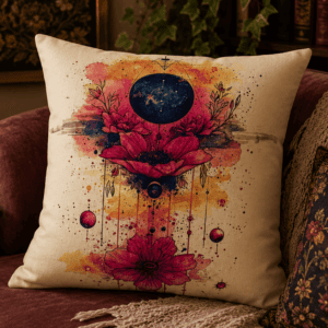 Watercolor celestial floral throw pillow featuring vibrant crimson wildflowers, a cosmic moon, celestial symbols, and abstract watercolor splashes on a cream background in a modern mystical style.