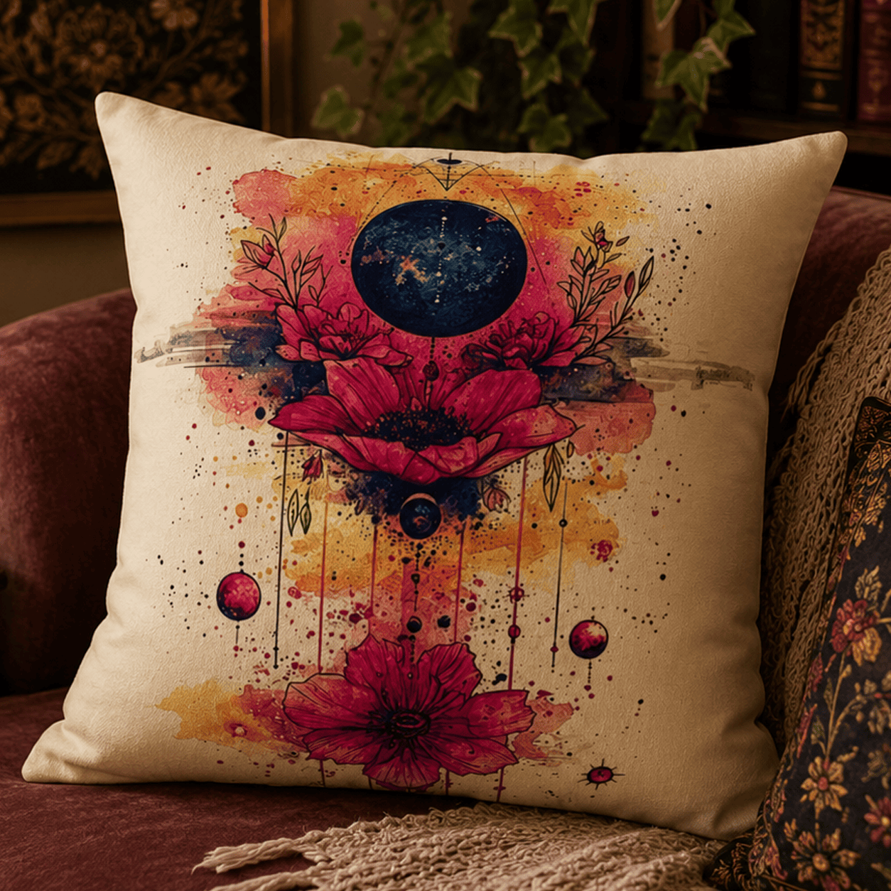 Watercolor celestial floral throw pillow featuring vibrant crimson wildflowers, a cosmic moon, celestial symbols, and abstract watercolor splashes on a cream background in a modern mystical style.