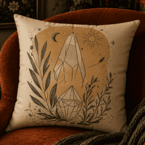 Minimalist crystal throw pillow featuring hand-drawn quartz crystals, celestial sun and moon symbols, and botanical line art in warm neutral tones for modern witchcore and boho home decor.