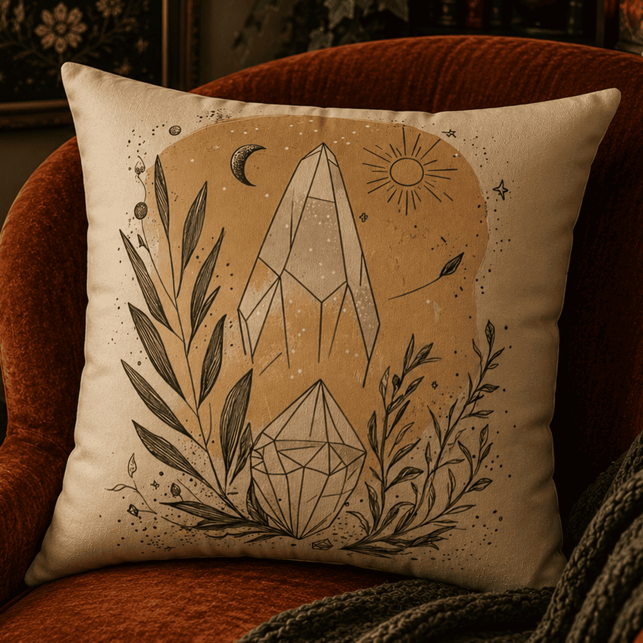 Minimalist crystal throw pillow featuring hand-drawn quartz crystals, celestial sun and moon symbols, and botanical line art in warm neutral tones for modern witchcore and boho home decor.