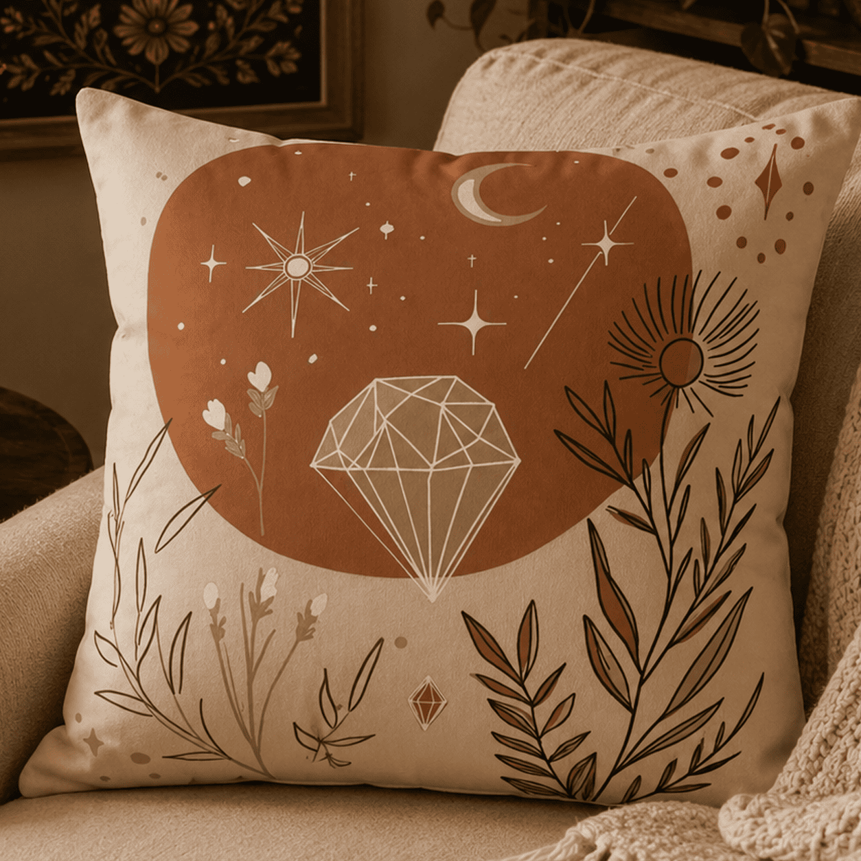 Minimalist celestial throw pillow featuring a geometric crystal, stars, crescent moon, botanical line art, and warm terracotta sun on a cream background in a modern boho witchcore style.
